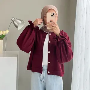 Cardigan Vintage Wanita Bahan Hornet Pakai Kancing Atasan Lengan Panjang Muslim - Baju