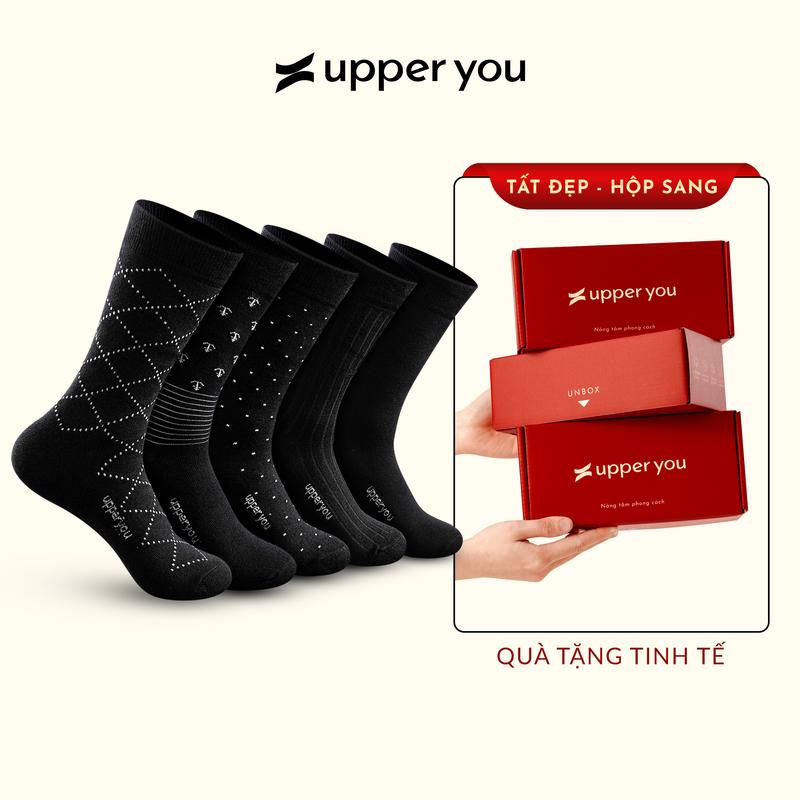  Tất Vớ Giày Tây Đen Phối Họa Tiết Cổ Cao UPPER YOU Cotton Tự Nhiên Dày Dặn Êm Ái Thoáng Khí Khử Mùi Extra Soft Menswear - BSM4000 