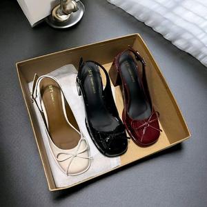 SPT giày hậu hở gót 7cm nơ xinh da bóng cao cấp