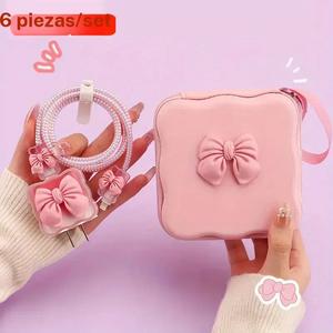 Set de Protector de Cables 6 en 1 y Bolsa de Almacenamiento con Lindo Nudo de Moño. Bolsa de Almacenamiento de Viaje para Organizador de Cables y Protector de Cargador.