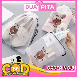 SR11 Pouch Travel Organizer Serbaguna Pouch Brown Bag Mini Transparan Tas Plastik serut karakter