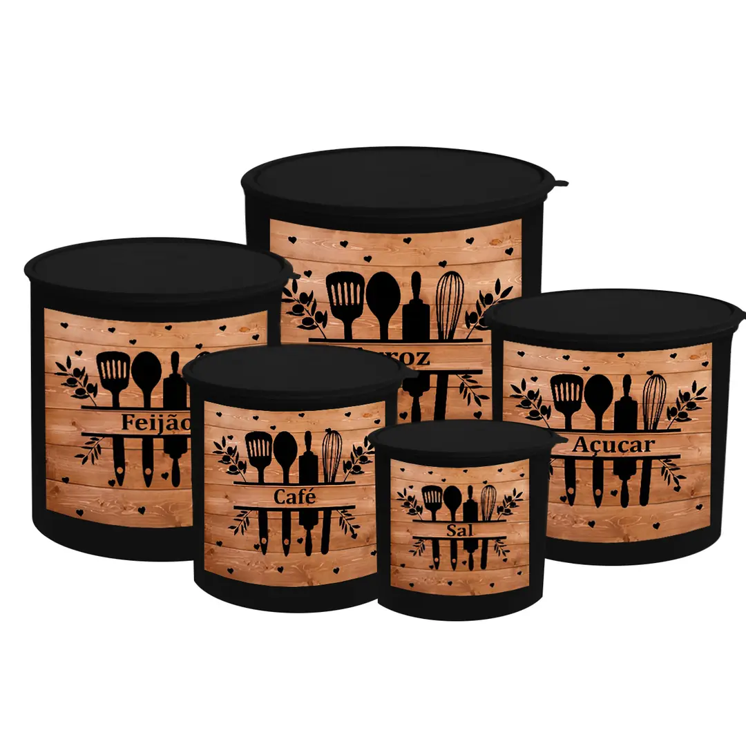 Kit 5 Potes de Mantimentos Plástico Decorado Porta Mantimentos Talheres Pote Cozinha