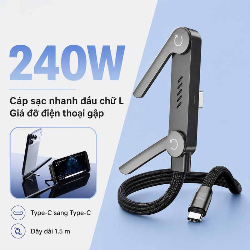 Dây sạc siêu nhanh 240W đa năng kèm giá đỡ điện thoại gấp gọn, dây nylon loại…