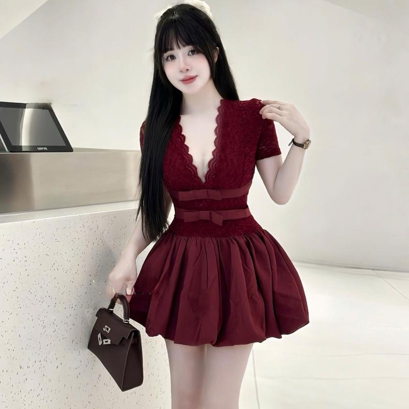 Váy Ren Cổ V Cộc Tay Phối Nơ Xinh Tùng Váy Bom Bồng Nữ Tính Che Khuyết Điểm từ 40-54kg