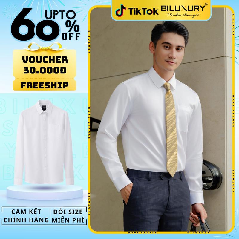 [HÀNG MỚI 2025] Áo Sơ Mi Trắng Trơn Dài Tay 8SMDB463TRK Biluxury Cao Cấp Bền Màu, Dễ Làm Sạch Thiết Kế Form Casual ôm vừa người tôn dáng Nam Menswear