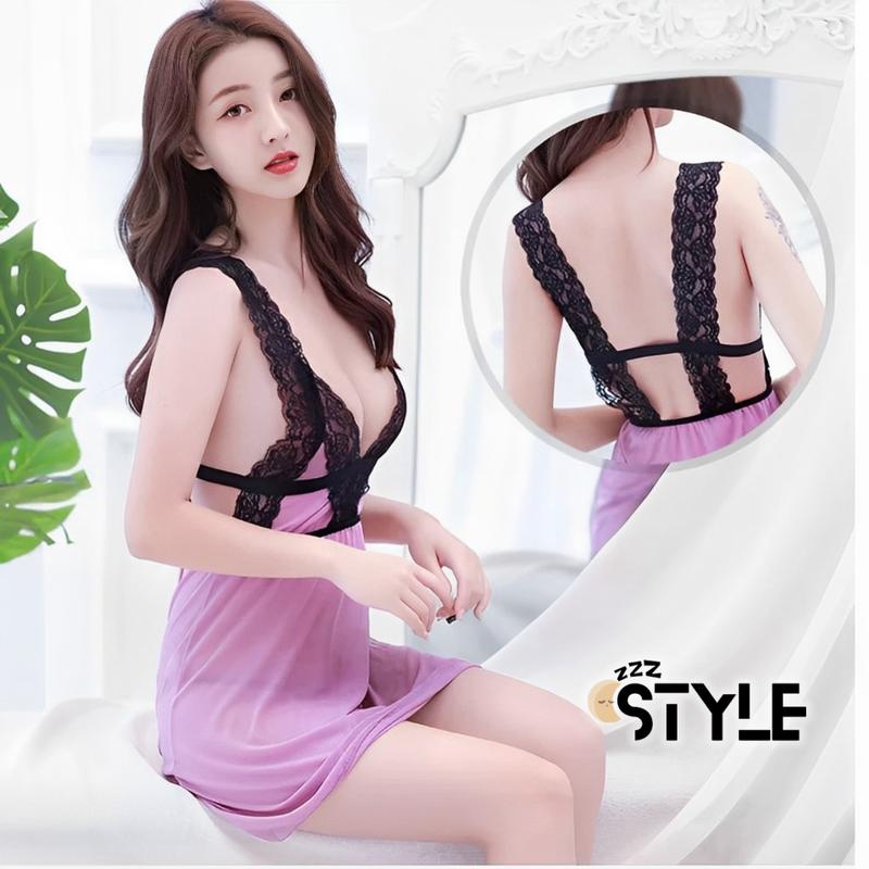 ZzzStyle Lingerie Baju Tidur V-neck Gaun Renda Malam Pakaian Tidur Wanita Tanpa Lengan  1052 2