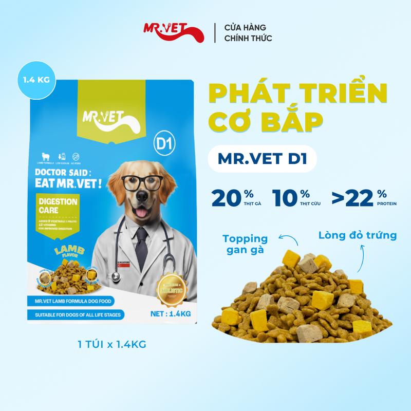   THỨC ĂN CHO CHÓ  Hạt Holistic Mr.Vet Thế hệ D1 TúI 1.4kg Công thức thịt cừu non Chăm sóc hệ tiêu hóa toàn diện với topping thịt Gan gà & Lòng đỏ trứng sấy dành cho cún ở mọi lứa tuổi 
