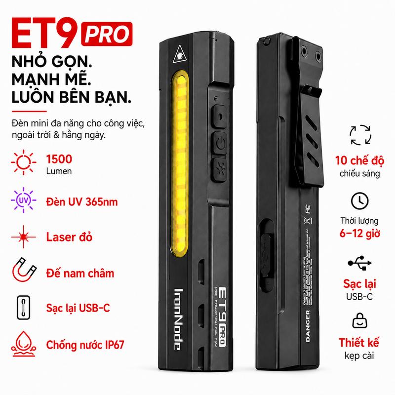 LEM ET9 Đèn Pin Mini 1500LM UV 365nm Laser Đỏ Nam Châm Sạc USB-C