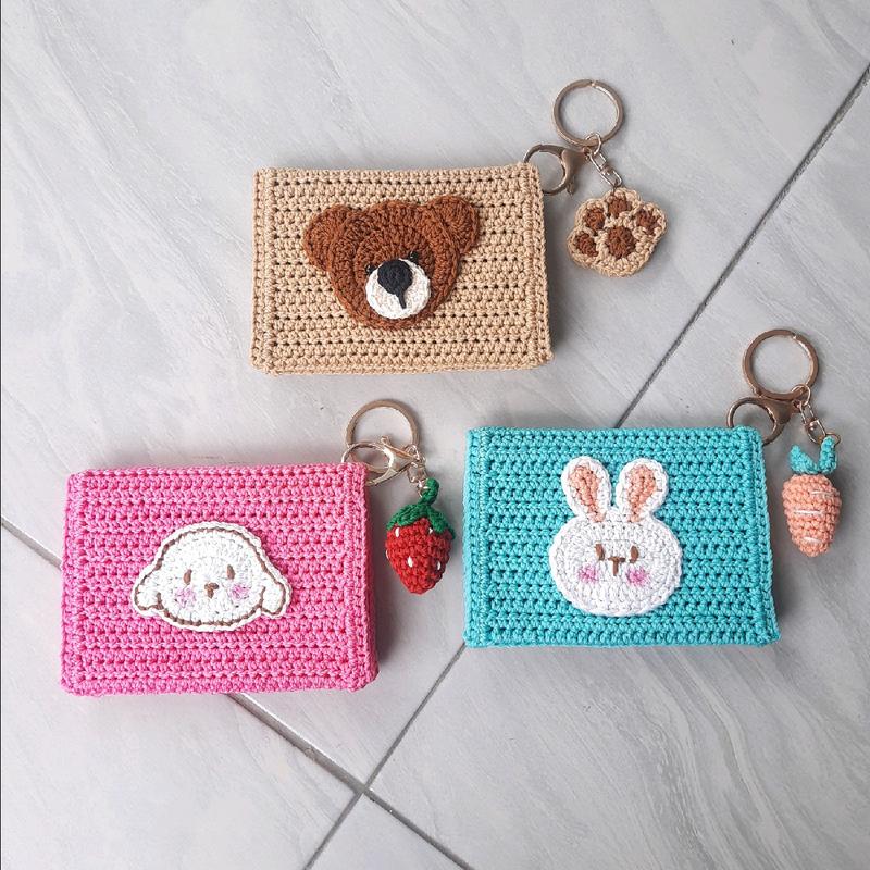 Dompet Kartu Rajut Karakter Imut Lucu Model Terbaru Handmade untuk Wanita Perempuan Hitam Pink 0