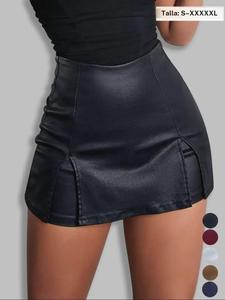 Shorts de PU ajustados de cintura alta con dobladillo dividido para mujer, falda pantalón de cuero sintético elástico con cierre trasero para uso diario y club nocturno, prendas inferiores para damas para todas las estaciones