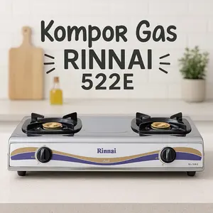 Rinnai Kompor Gas RI-522E 2 Tungku Stainless Steel Api Ekonomis Tungku Kuningan Hemat Gas Awet Elegan Putih Mudah Dibersihkan Dapur Modern