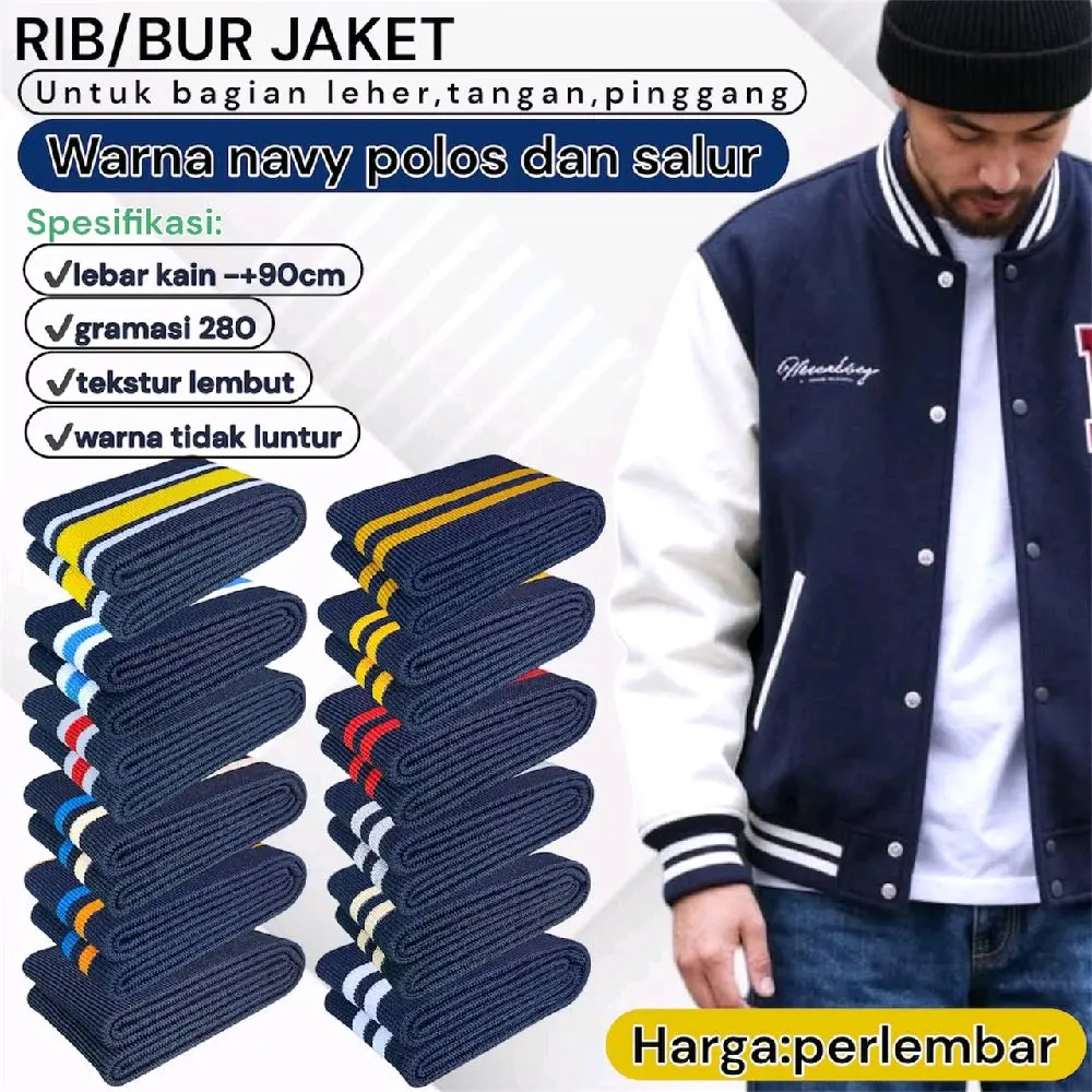RIB/BUR Jaket Navy Polos dan Salur untuk Leher Tangan Pinggang Lebar Kain 90cm Gramasi 280 Tekstur Lembut Warna Tidak Luntur