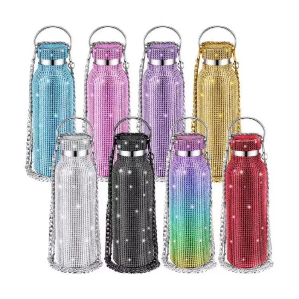 Cute Thermal Water Bottle Stainless Steel Refillable Bling Cups Leak-Proof Chain Vacuum Flask Women