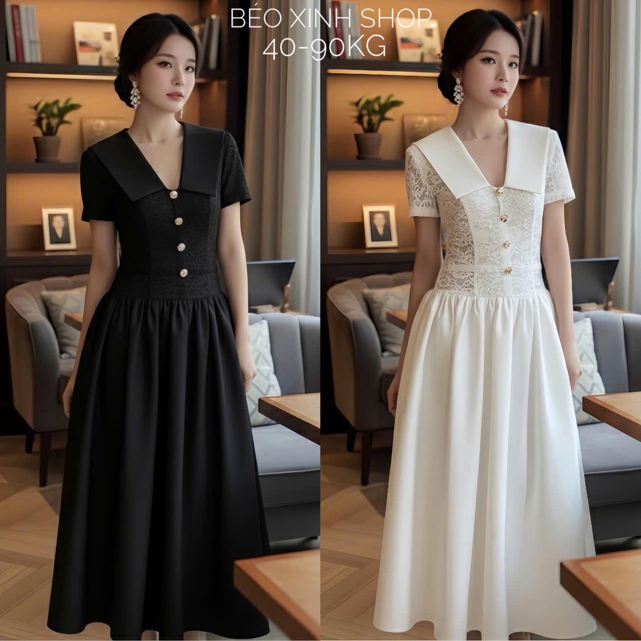Váy Dự Tiệc Cổ V Phối Cúc Tiểu Thư (Vải Ren Hoa 2 Lớp) Chân váy vải Chéo Cao Cấp Thanh Lịch Bigsize Từ 40 - 90Kg Thời Trang Nữ Béo Xinh Shop - A.1646