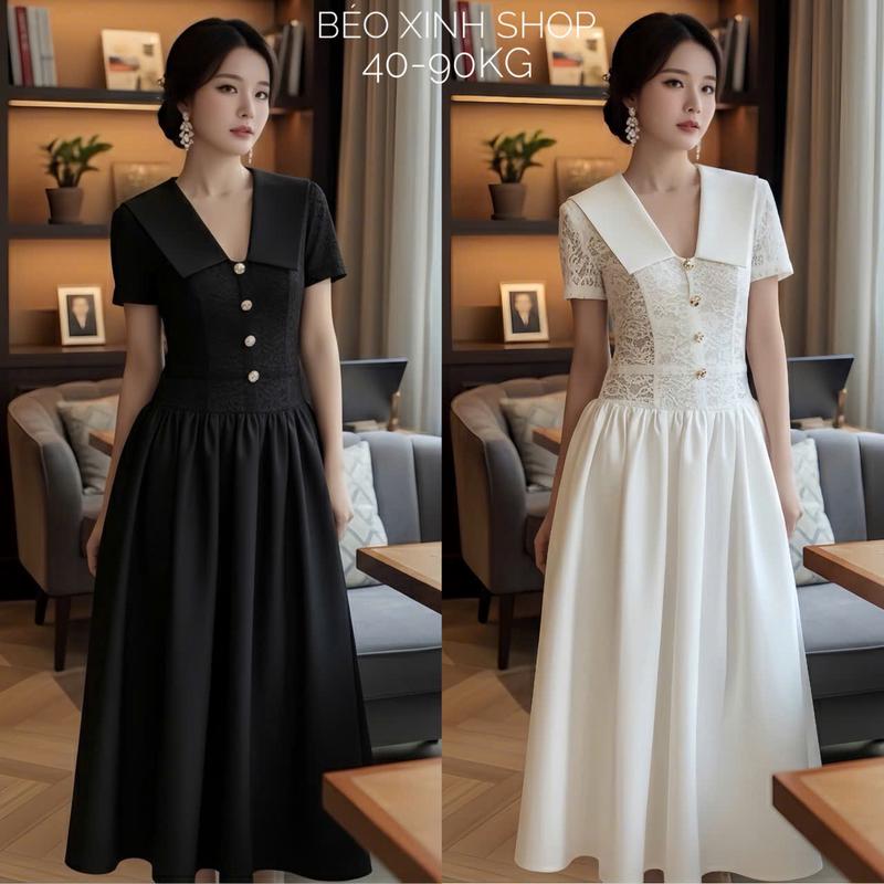  Váy Dự Tiệc Cổ V Phối Cúc Tiểu Thư  Vải Ren Hoa 2 Lớp  Chân váy vải Chéo Cao Cấp Thanh Lịch Bigsize Từ 40 - 90Kg Thời Trang Nữ Béo Xinh Shop - A.1646 