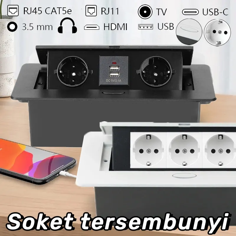 [Ready Stock]Stop Kontak Tanam Meja Soket pop-up 3lubang Desktop Tertanam Stopkontak Floor/Desk outlet 0