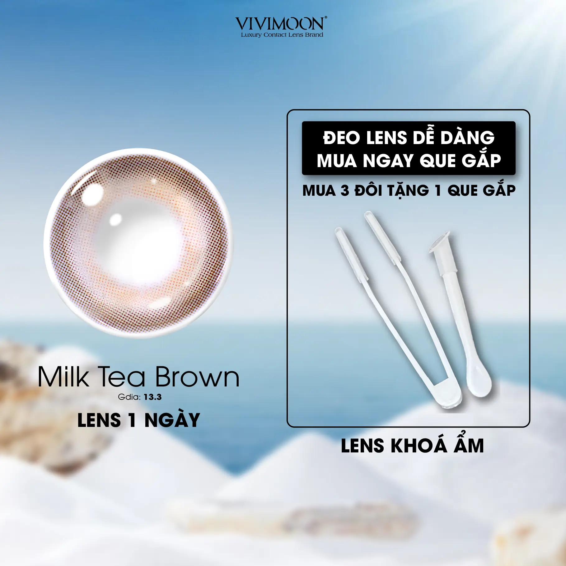 [Mua 3 đôi tặng 1 bộ dụng cụ] Kính áp tròng VIVIMOON LENS 1 ngày màu nâu trà sữa tự nhiên Milk Tea Brown (Giá 1 chiếc)