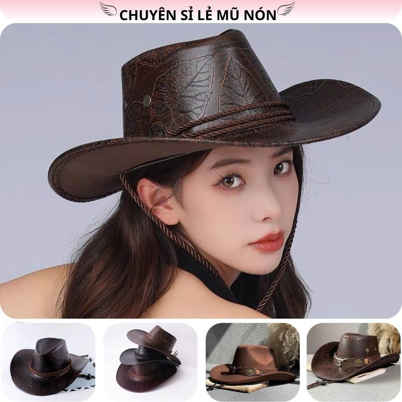 Mũ Cao Bồi Da PU Hình Lá Nhiều Màu Phong Cách Vintage Cho Nam Nữ Form Cứng Phù Hợp Đi Chơi Du Lịch Đi Biển Chất Liệu Cao Cấp Đường May Tỉ Mỉ Phù Hợp Nhiều Dịp