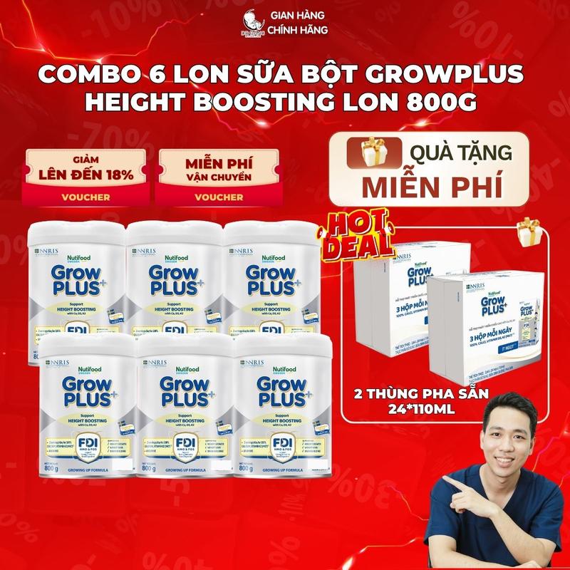 [Live Daily ] Combo 6 Lon Sữa Bột Growplus Height Boosting Tặng 2 Thùng Pha Sẵn 24h*110ml sữa công thức 800g cho bé