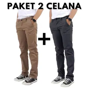 [PAKET 2 CELANA] Celana Chinos Panjang Slimfit Pria Premium Hitam & Cokelat Bahan Katun Twill Stretch Nyaman Kantor Formal