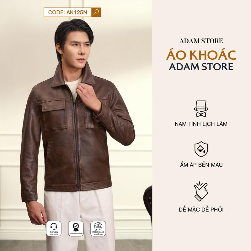  ÁO KHOÁC DA NAM ADAM STORE MÀU NÂU TÚI HỘP TRƯỚC NGỰC AK125N STYLE HÀN 