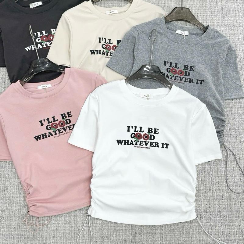 BIGGSIZE Áo thun nữ form vừa dáng croptop rút dây 2 nên in chữ WHATEVER