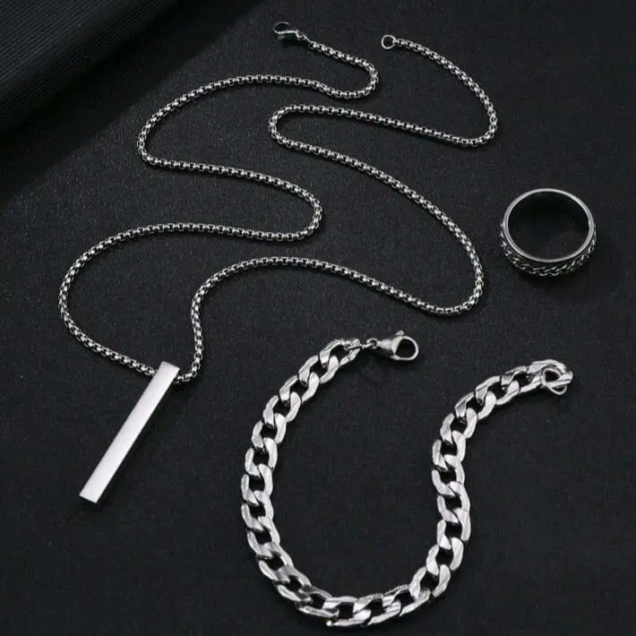 (fullset)KALUNG GELANG DAN CINCIN TITANIUM PRIA WANITA TERMURAH WARNA SILVER SIMPEL DAN MEWAH Perhiasan Elegan 5
