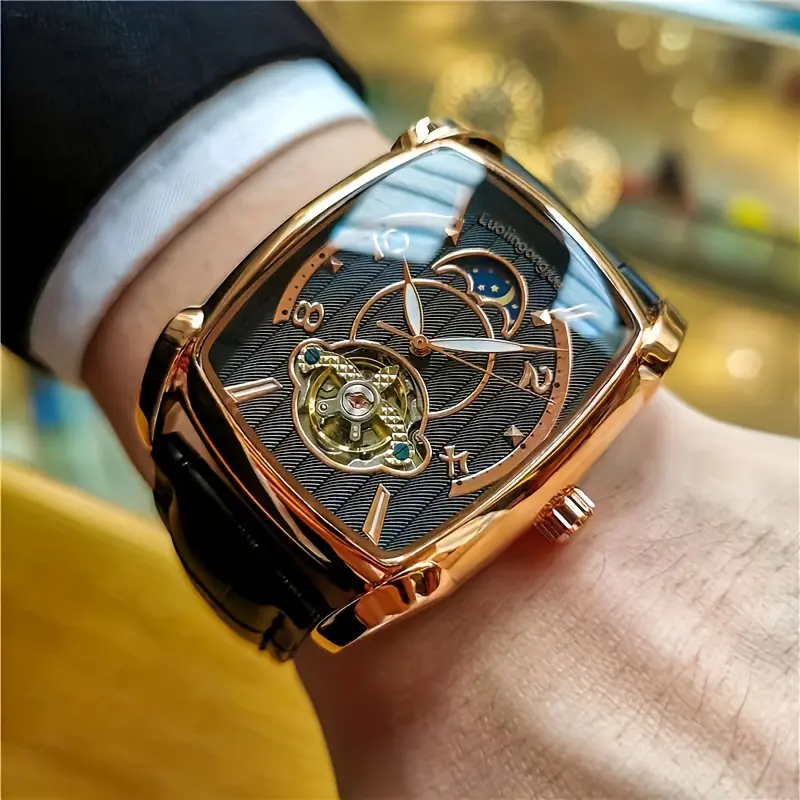 Đồng Hồ Cơ Nam, Cơ Khí, Mặt Số Lớn Hình Vuông, Thiết Kế Rỗng Tự Động, Phong Cách Thường Ngày Cao Cấp, Được Làm Bằng Da, Thích Hợp Cho Nam