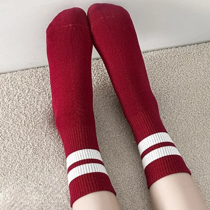 M1130 Kaos Kaki Oldschool Motif Garis 2 & garis 3 wanita panjang warna red merah white putih gaya vintage retro premium Women socks 5