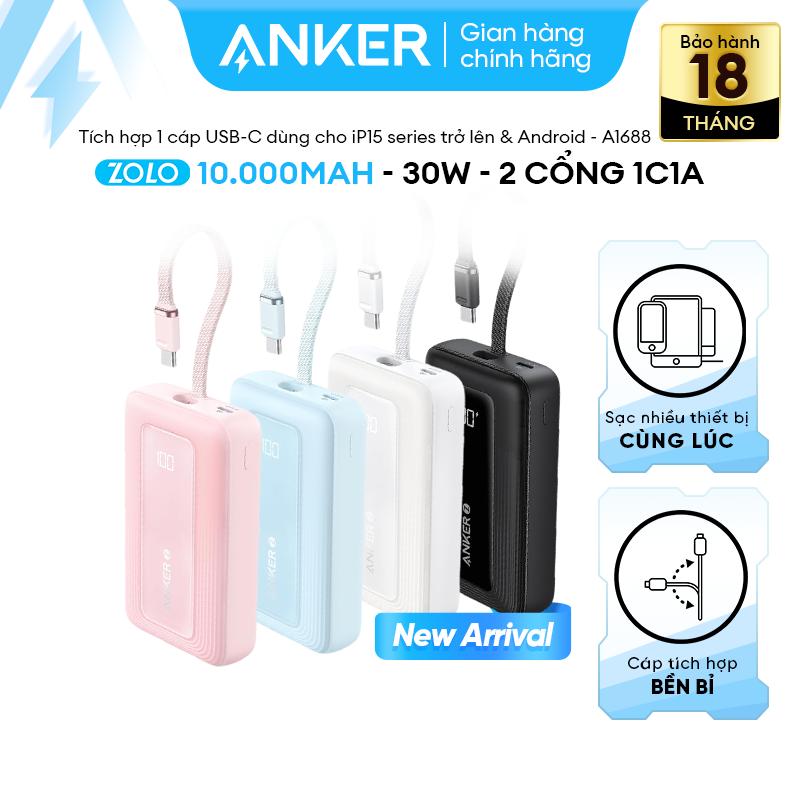 Pin sạc dự phòng ANKER Zolo 30W 10kmAh - Sạc nhanh 30W - 2 cổng 1C1A - Tích hợp sẵn cáp USB-C vừa input vừa output - Sạc 3 thiết bị cùng lúc- A1688