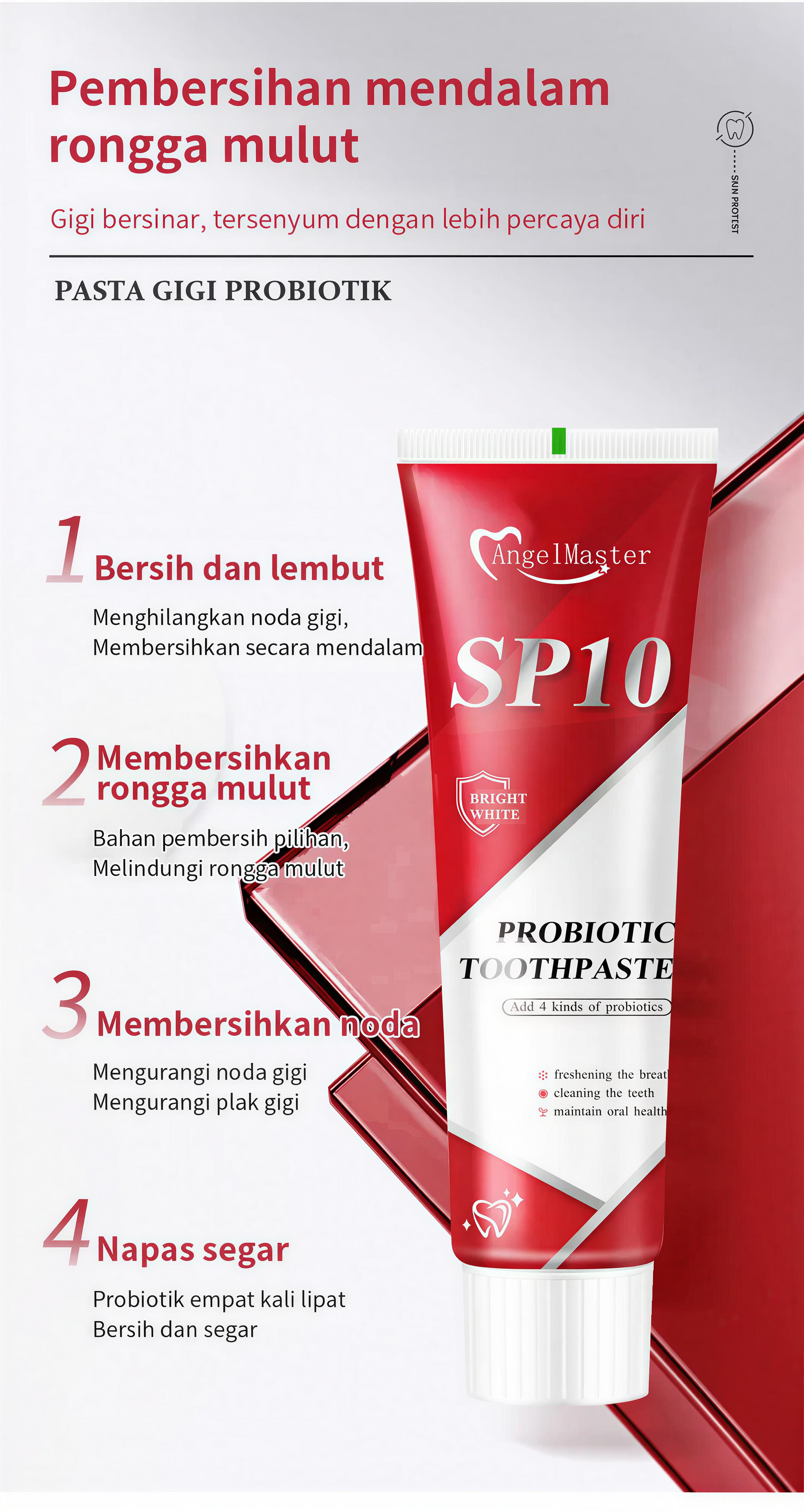 AngelMaster SP10 Probiotic Toothpaste - Pasta Gigi Premium untuk Gigi Lebih Putih dengan 4 Jenis Probiotik, Nafas Segar Seharian, Hapus Noda Kuning Mendalam, Pembersihan Optimal & Penghilang Noda - Mulut