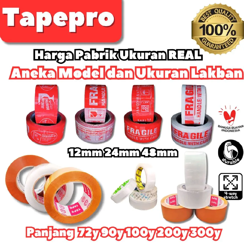 Tapepro Lakban OPP Fragile Merah Putih Unboxing Bening Coklat Ukuran 12mm 24mm 48mm x 72yard 90yard 200yard 300yard x 45mm / Super Lengket Tebal Ukuran / Isolasi Solatip Roll