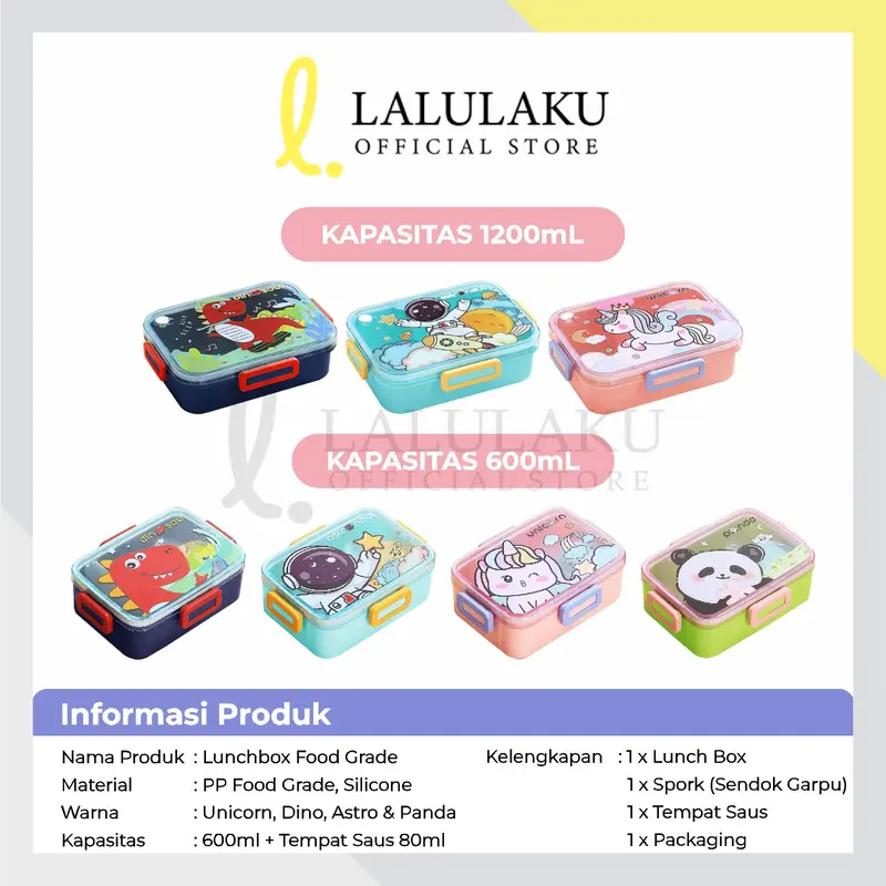 Lunch Box Anak TK SD Paud Kotak Bekal Karakter Unicorn Dino Panda Astronot 600ML 1200ML 7