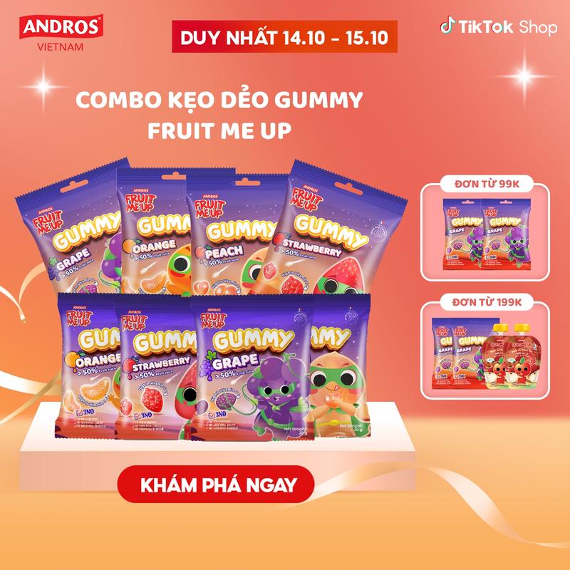 Kẹo Dẻo Trái Cây GUMMY từ Pháp loại 80G (COMBO 5, 4 MIX VỊ) - Kẹo Dẻo Trái Cây Vị Chua Ngọt Bổ Sung Vitamin C - ANDROS FRUIT ME UP GUMMY - 80GR X 4/5 - Food Snack & Candy  - Kẹo Dẻo Trái Cây Thức Ăn Vặt Kẹo Tết