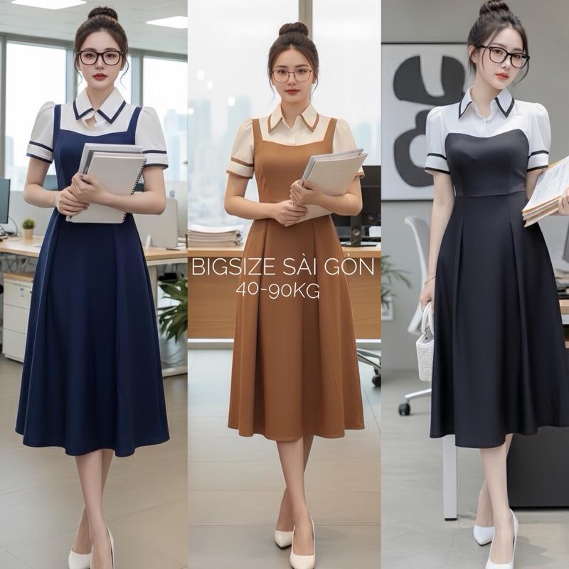 Thời Trang Bigsize Váy Dự Tiệc Phối Cổ Sơ Mi Vải Cotton Lạnh Cao Cấp Thanh lịch 40 - 95 Kg Nữ Đầm Women - A.1511