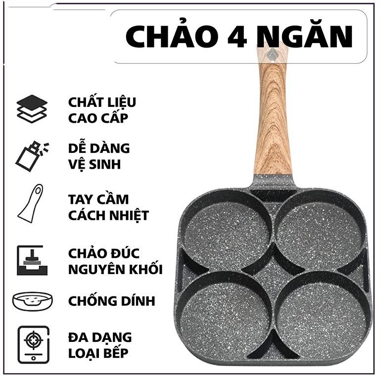 Chảo Chiên Trứng 4 Ngăn Chống Dính Đa Năng Dùng Cho Mọi Loại Bếp - Chảo Vân Đá Chiên Rán Làm Bánh 4 Ngăn Cực Kì Tiện Lợi