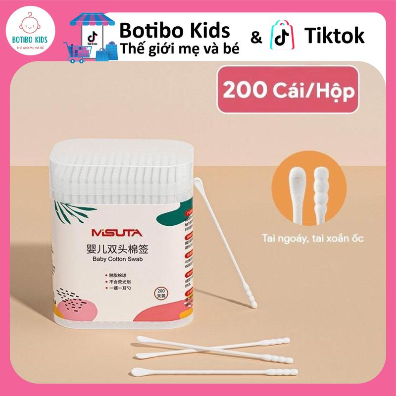 Tăm bông trẻ em Misuta kháng khuẩn hộp 200 400 que lõi giấy cho bé sơ sinh ngoáy tai mũi