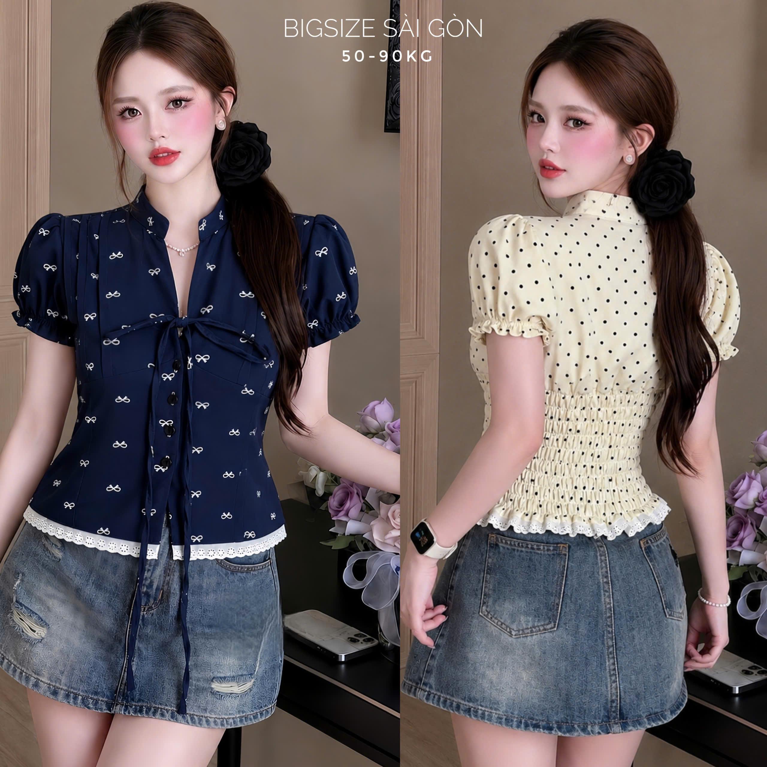 Áo Sơ Mi Nữ Cotton Thắt Nơ Tay Phồng, Form Ôm Tôn Dáng Có Bigsize 50–90kg Bigsize Sài Gòn - B.1853