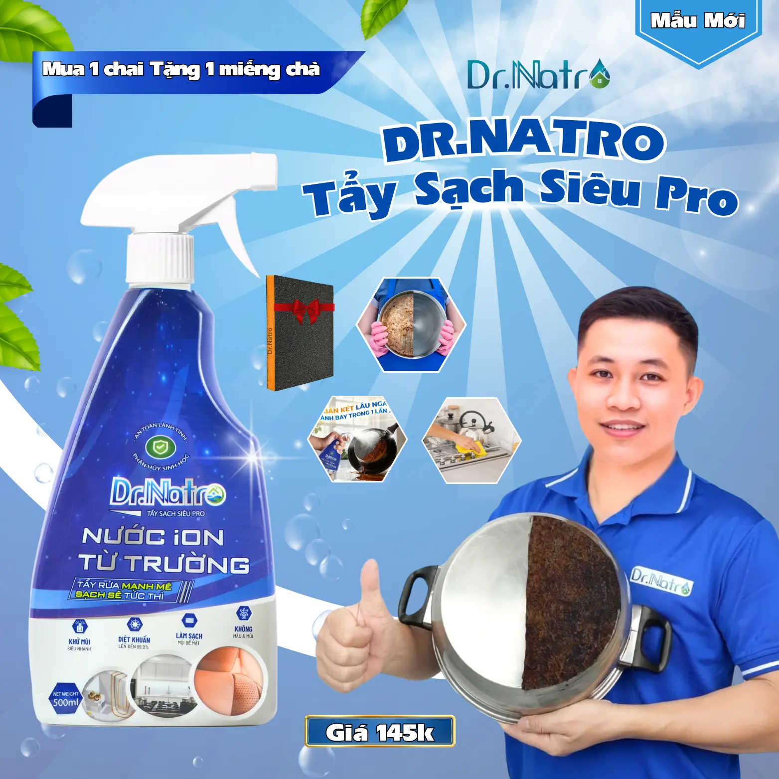 Chai Tẩy Đa Năng Dr Natro Tẩy Sạch Mọi Vết Bẩn Chai 500Ml - Mua 1 Tặng 2 (1 Gói Dưỡng Hoa, 1 Miếng Nhám) Làm Sạch