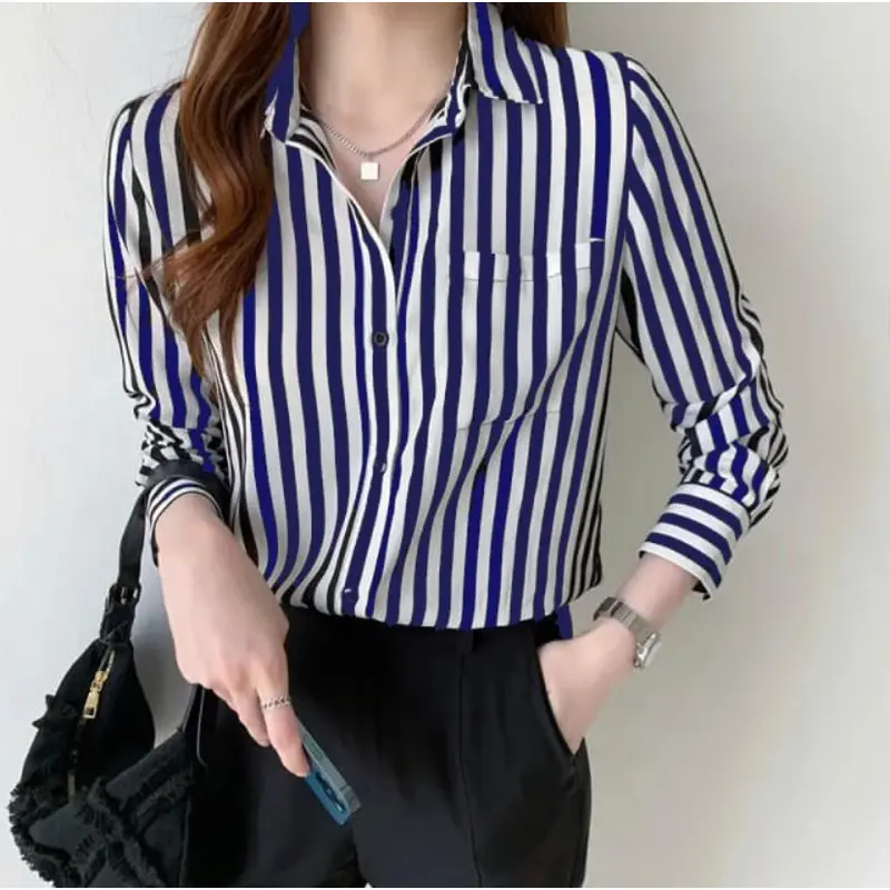KEMEJA WANITA STRIP TERBARU / ATASAN SALUR MODEL KOREA LENGAN PANJANG Baju Casual Motif Stripe Oversize 1