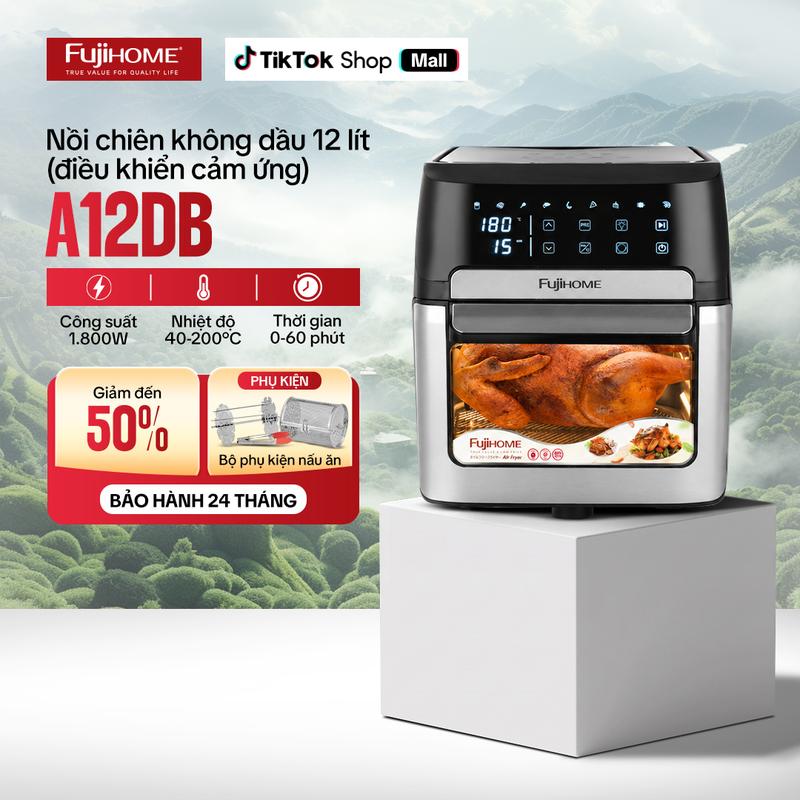 Nồi chiên không dầu lồng hợp kim Inox cao cấp 12L điện tử Fujihome tự ngắt tặng đủ 7 món phụ kiện