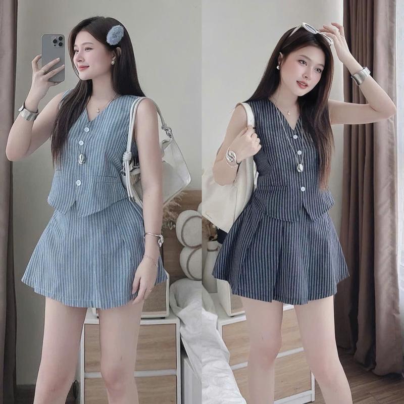 Set bộ nữ chất lenin sọc thiết kế cổ V cài nút thật cọc tay mix chân váy ngắn xòe trẻ trung thanh lịch sang chảnh cho các nàng đi tiệc đi chơi.women top