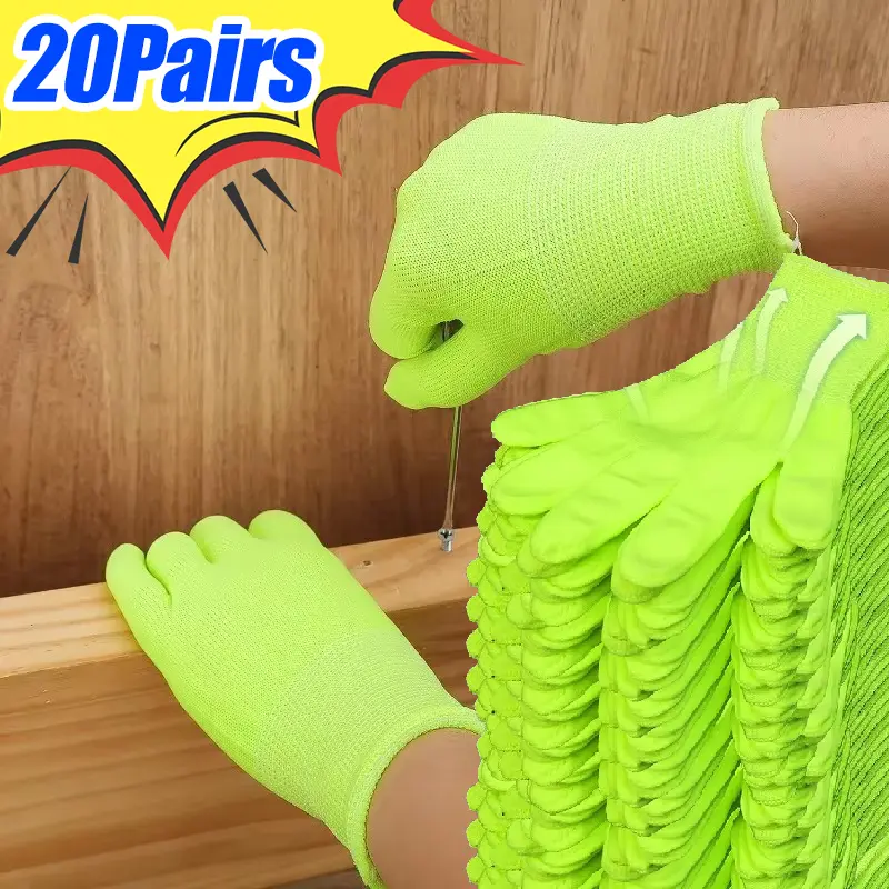 Găng Tay Nylon, 20 Đôi, Thoáng Khí Và Chống Mài Mòn, Găng Tay Huỳnh Quang Màu Xanh Lá Cây, Đa Chức Năng, Thích Hợp Để Đi Xe Đạp, Đi Xe Máy, Phục Hồi Ô Tô Và Công Việc Sửa Chữa