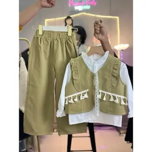3-8thn Setelan 3in1 Celana Button 3 Baju Anak Perempuan Cantik Terbaru