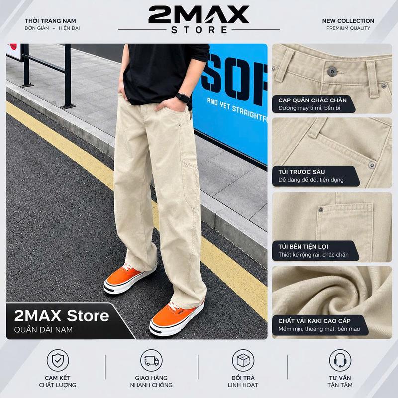 Quần Kaki Nam Ống Rộng Màu Be 2MAX Store | Quần Dài Form Suông Streetwear Hàn Quốc Cá Tính