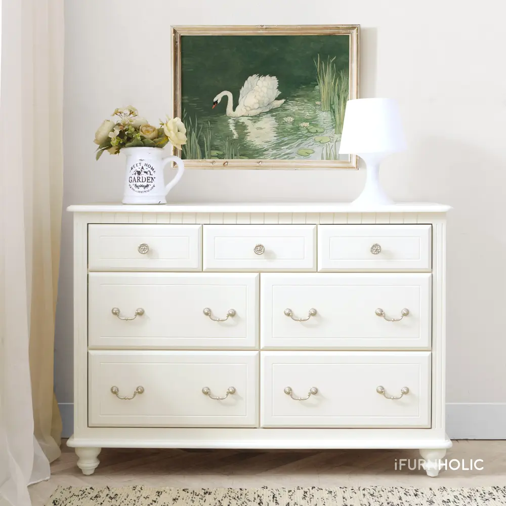 IFURNHOLIC Amandla Wide Chest | Lemari Laci Kayu Klasik | Lemari Pakaian Drawer Serbaguna | Buffet TV Kayu Putih | furniture Lemari