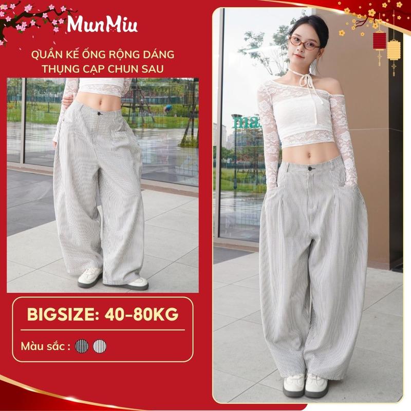 Quần Harem BIGSIZE MunMiu quần kẻ ống rộng dáng thụng cạp chun sau dễ phối đồ 9908