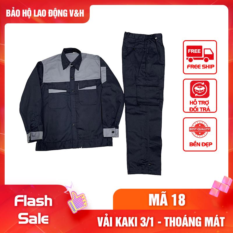 Quần Áo Bảo Hộ Lao Động Nam Dài Tay Mã 18 - Có Cổ Sơ Mi, Quần Túi Hộp, Vải Kaki 3/1 Dày Dặn, Bền Bỉ, Thoáng Mát, Chống Nắng Nóng Tốt