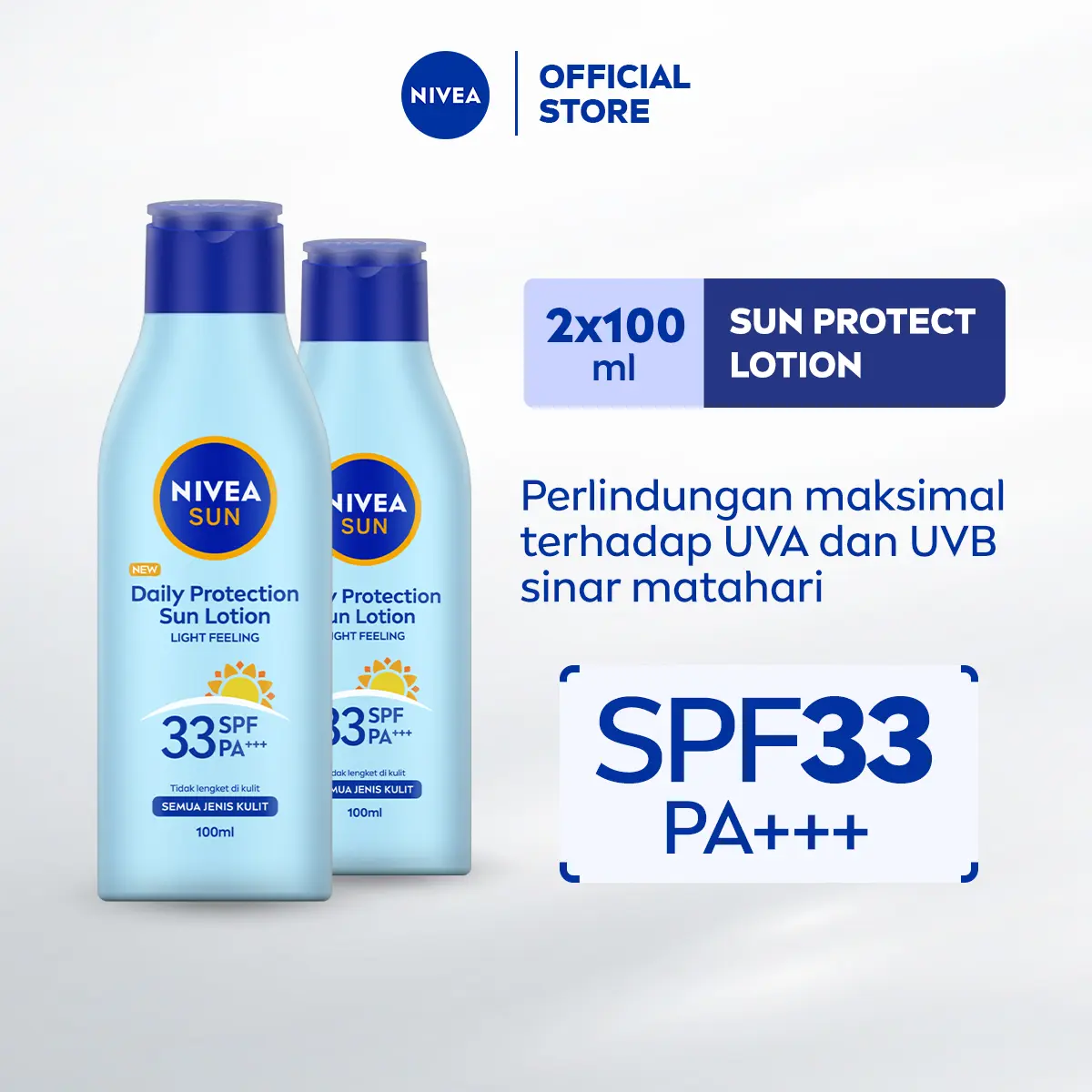 NIVEA Daily Protect Sun Lotion SPF 33 100ml - Twin Pack Suncare Perawatan Badan Sunscreen yang mampu melindungi dari sinar Ultra Violet ingan Tidak Lengket Untuk Semua Jenis Kulit Bisa Untuk Wanita, Pria Dewasa Remaja Tubuh Vitamin