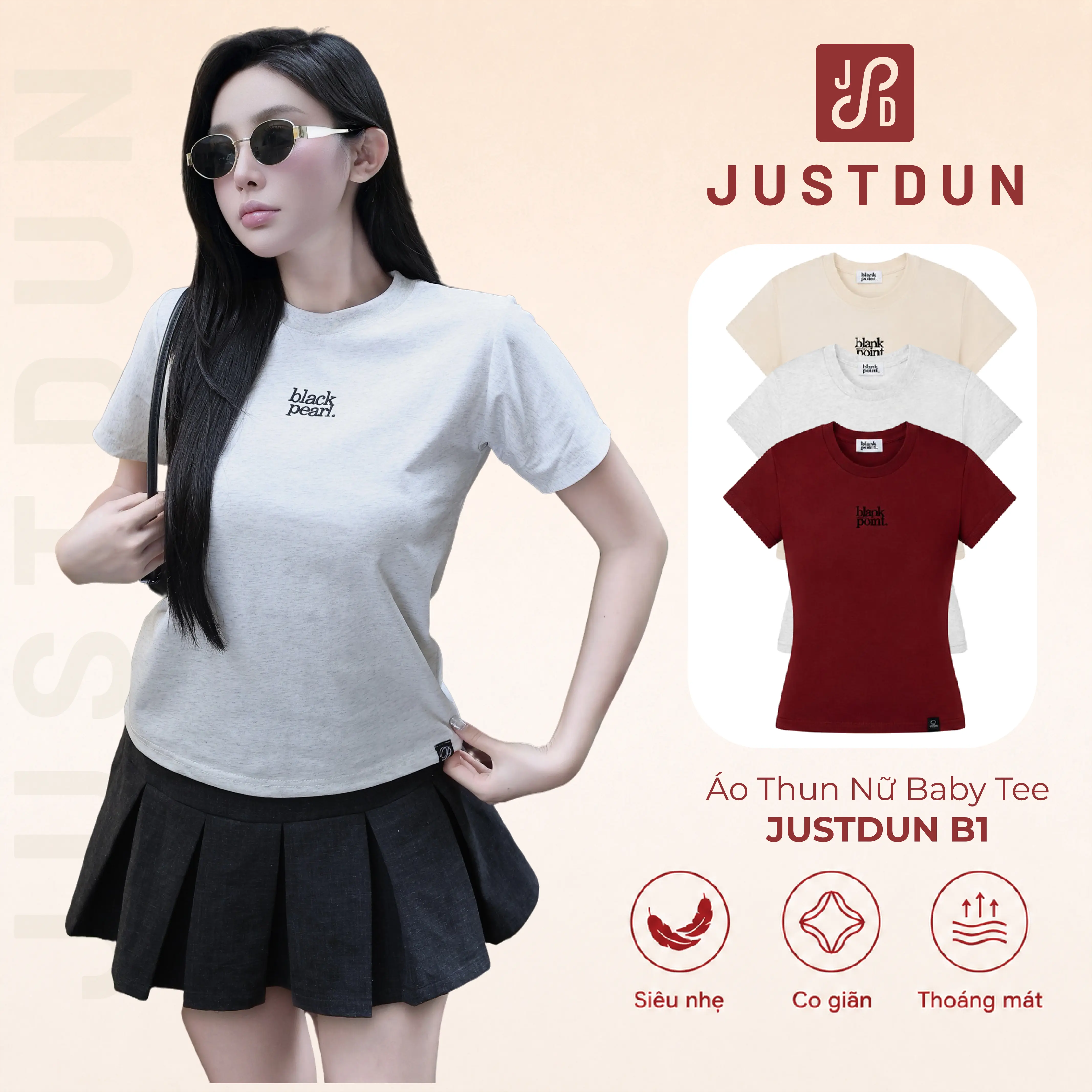 Áo Thun Nữ Baby Tee JUSTDUN B1 – Thêu “BLACK PEARL”, Chất Cotton Mềm Mịn, Co Giãn Nhẹ, Form Gọn Trẻ Trung